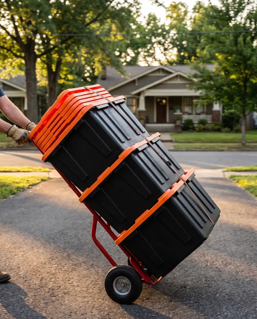 Four black moving crates with orange lids strapped to a dolly, headed up a Chattanooga driveway